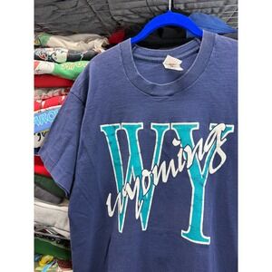Vintage 80s Fruit of the Loom Wyoming Shirt Large Navy Blue Single Stitch USA